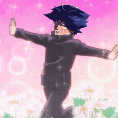 A Drawing Of A Man With His Arms Outstretched In Front Of Flowers GIF