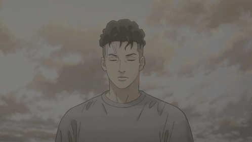 A Drawing Of A Man With His Eyes Closed Against A Cloudy Sky GIF