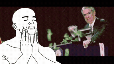 A Drawing Of A Man With His Eyes Closed And A Man Giving A Speech Behind Him GIF