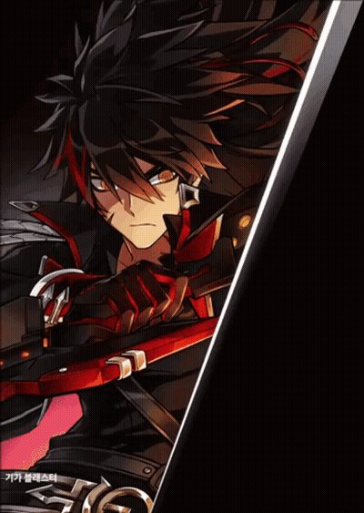 A Drawing Of A Man With Long Black Hair And Red Gloves Holding A Red Sword GIF
