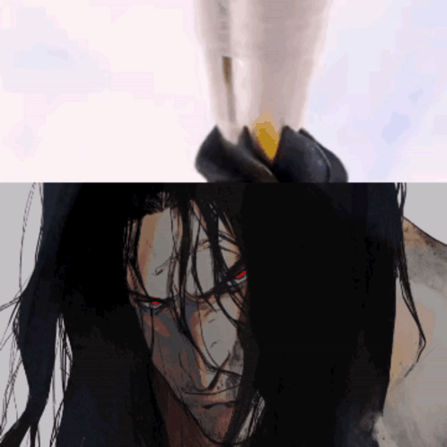 A Drawing Of A Man With Long Black Hair Has Red Eyes GIF