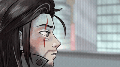 A Drawing Of A Man With Long Hair And A Red Stripe On His Face GIF