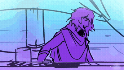 A Drawing Of A Man With Purple Hair And A Beard Standing Next To A Wall . GIF