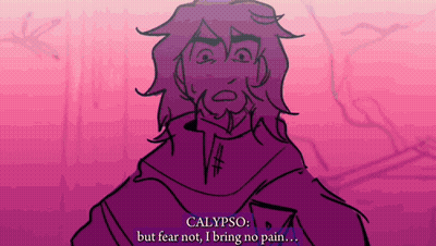 A Drawing Of A Man With Purple Hair And The Words Calypso But Fear Not , I Bring No Pain GIF