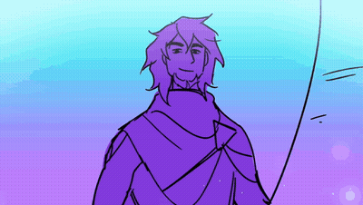 A Drawing Of A Man With Purple Hair Holding A Sword GIF