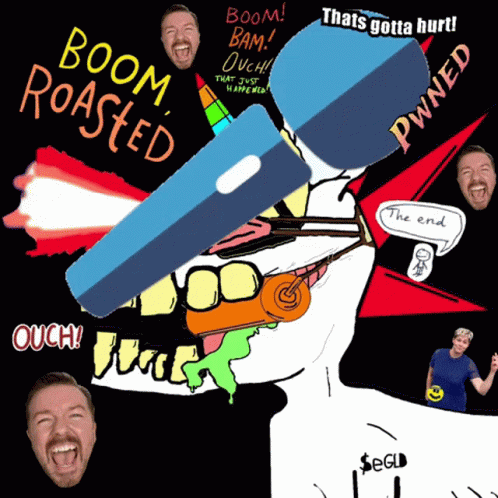 A Drawing Of A Man With The Words Boom Roasted Written In Yellow GIF