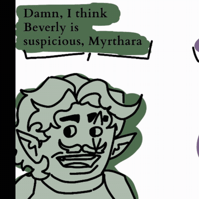 A Drawing Of A Man With The Words " Damn I Think Beverly Is Suspicious Myrthara " GIF