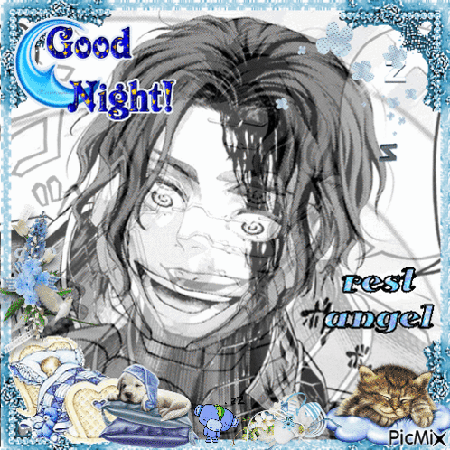 A Drawing Of A Man With The Words Good Night Rest Angel GIF