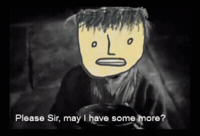 A Drawing Of A Man With The Words " Please Sir May I Have Some More " GIF