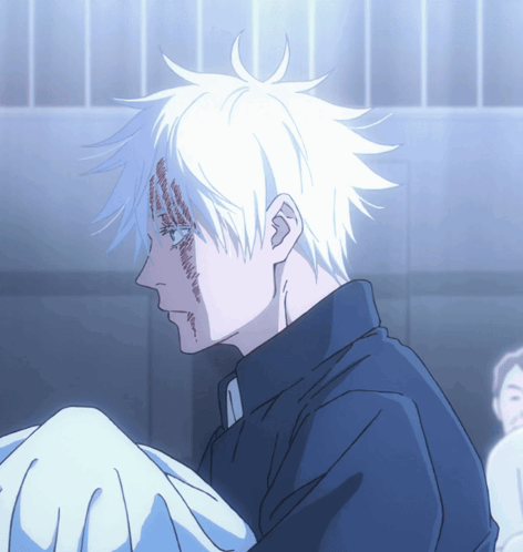 A Drawing Of A Man With White Hair And A Blue Shirt GIF
