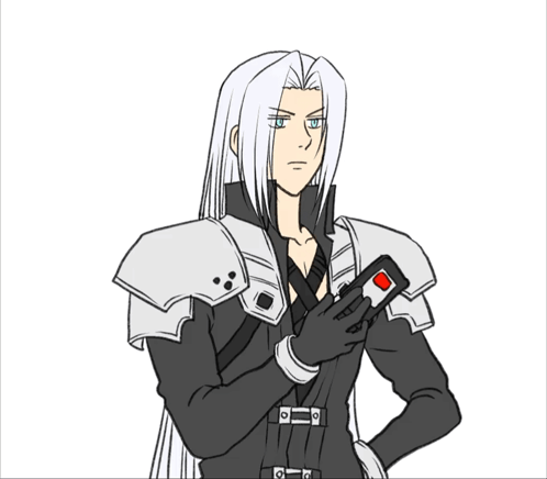 A Drawing Of A Man With White Hair Holding A Red Button GIF