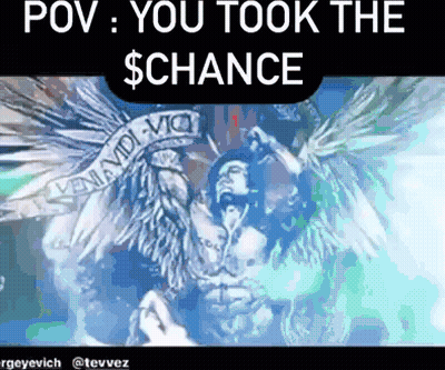 A Drawing Of A Man With Wings And The Words " You Took The $ Chance " GIF