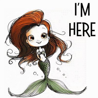 A Drawing Of A Mermaid With The Words " I 'M Here " Below It GIF