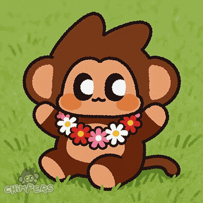 A Drawing Of A Monkey Wearing A Flower Necklace With The Word Chimpers Below It GIF