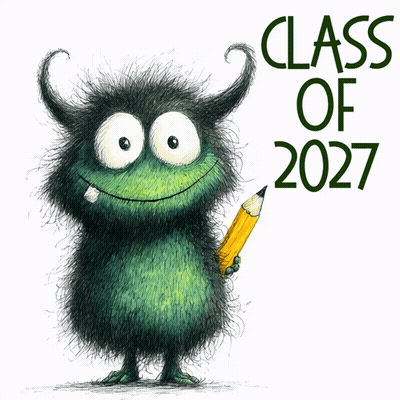 A Drawing Of A Monster Holding A Pencil With The Words Class Of 2027 Below It GIF
