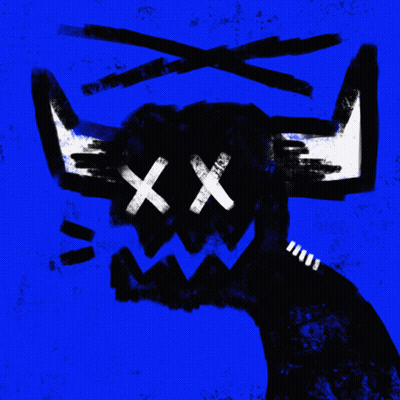A Drawing Of A Monster With Horns And A Cross On Its Face GIF