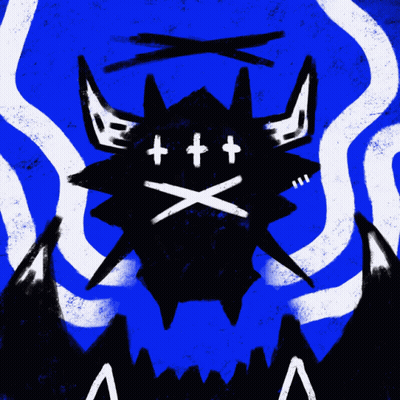 A Drawing Of A Monster With Horns And Crossed X 'S On Its Face GIF