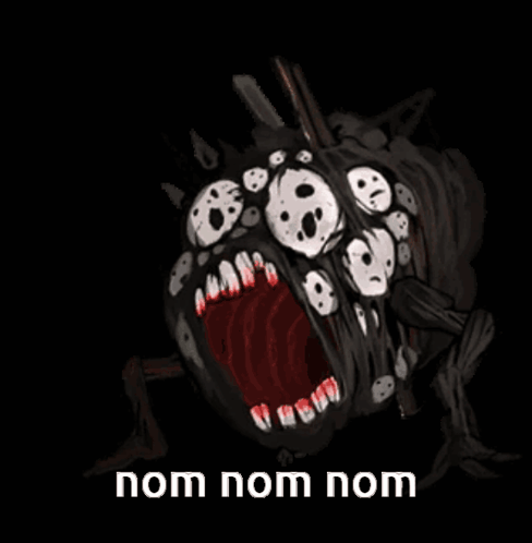 A Drawing Of A Monster With Its Mouth Open And The Words Nom Nom Nom Written Below It GIF