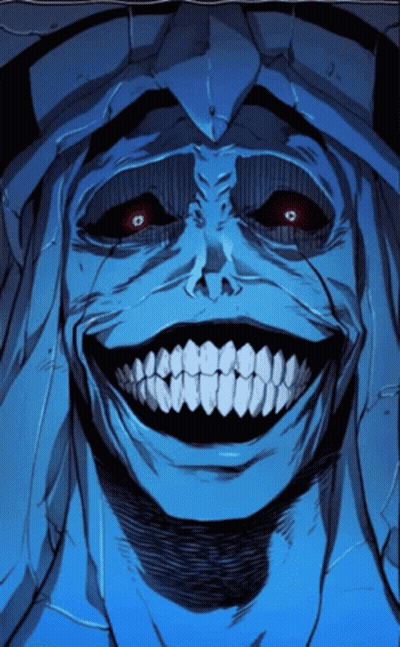 A Drawing Of A Monster With Red Eyes And A Large Smile GIF