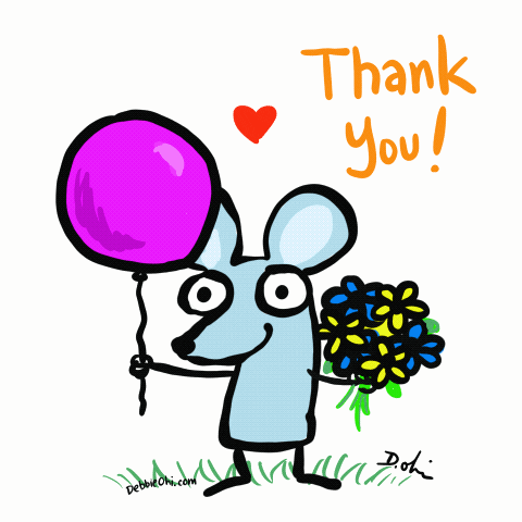 A Drawing Of A Mouse Holding A Pink Balloon And Flowers With The Words Thank You Written Below It GIF