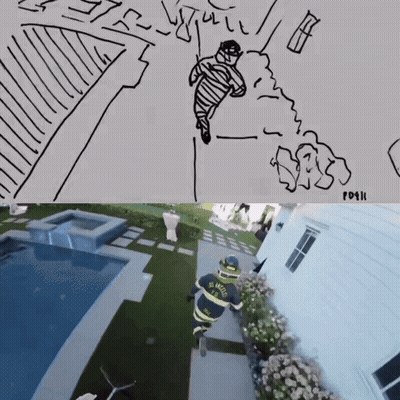 A Drawing Of A Mummy Next To A Drawing Of Firefighters Running Towards A House GIF