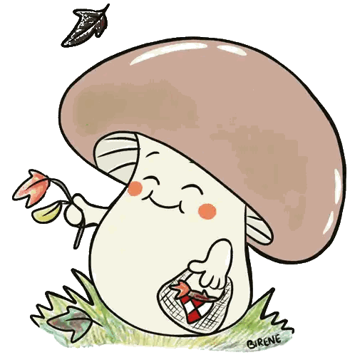 A Drawing Of A Mushroom With The Name Birene On The Bottom Right Sticker