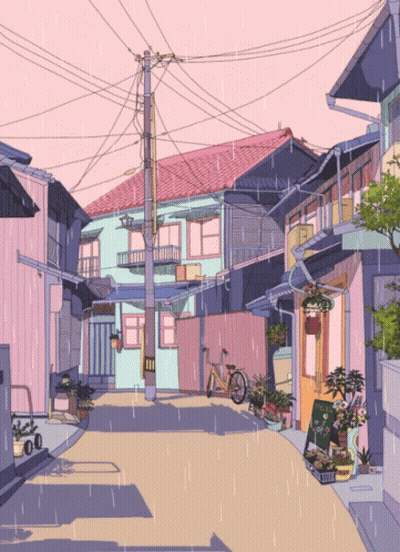 A Drawing Of A Narrow Street With A Sign That Says ' Cafe ' GIF
