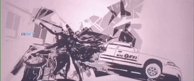 A Drawing Of A Nyc Taxi With A Person Standing Next To It GIF