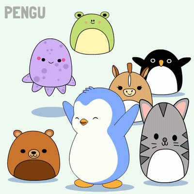 A Drawing Of A Penguin Surrounded By Other Stuffed Animals With The Word Pengu On The Top GIF
