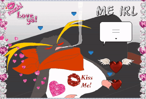 A Drawing Of A Penguin With Hearts And The Words Kiss Me On It GIF