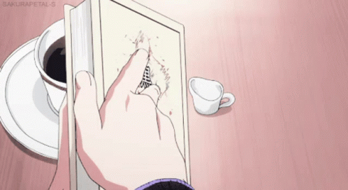 A Drawing Of A Person Holding A Book With A Cup Of Coffee In The Background GIF