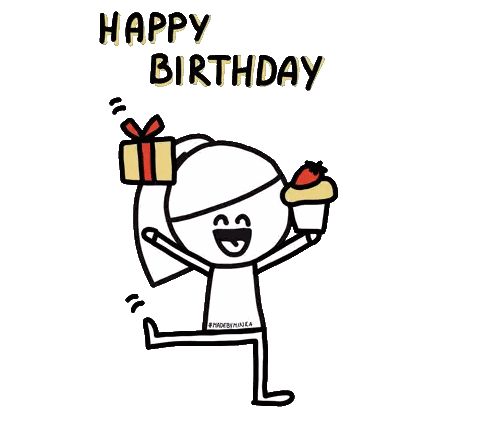 A Drawing Of A Person Holding A Gift Box And A Cupcake With The Words Happy Birthday Written Above Them Sticker