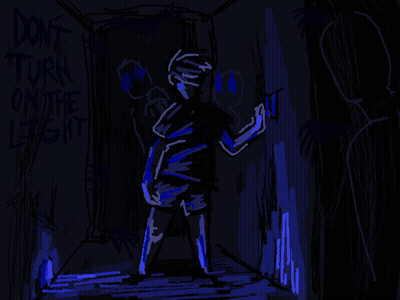 A Drawing Of A Person In A Dark Room With The Words " Do N't Turn On The Light " GIF