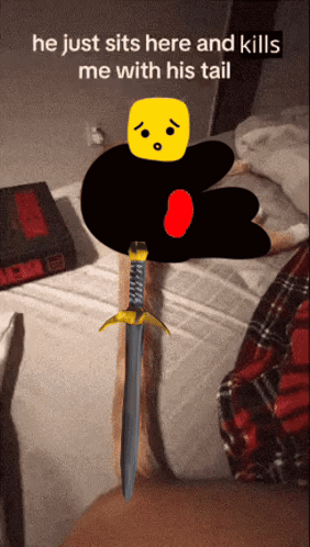 A Drawing Of A Person Laying On A Bed With The Caption He Just Sits Here And Kills Me With His Tail .. GIF