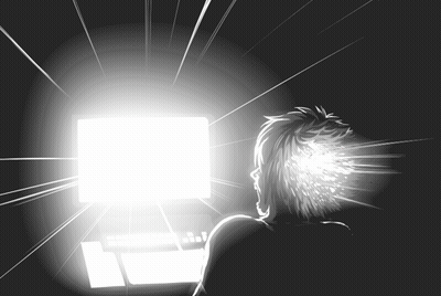 A Drawing Of A Person Looking At A Computer Monitor GIF