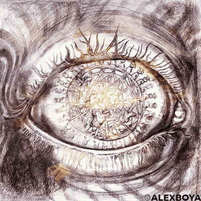 A Drawing Of A Person 'S Eye With The Name Alexboya Below It GIF