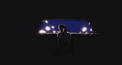 A Drawing Of A Person Sitting In The Back Seat Of A Car At Night GIF