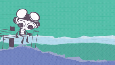 A Drawing Of A Person Sitting On A Dock With A Green Swirl In The Water GIF