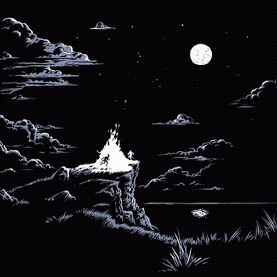 A Drawing Of A Person Standing On A Cliff With A Fire In The Background GIF