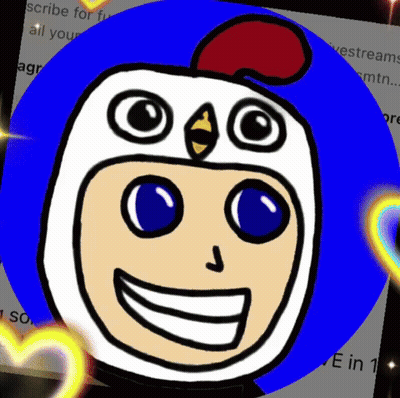 A Drawing Of A Person Wearing A Chicken Mask With Hearts Around It GIF