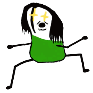 A Drawing Of A Person Wearing A Green Shirt With Black Wings And A Yellow Star In Their Eyes . GIF