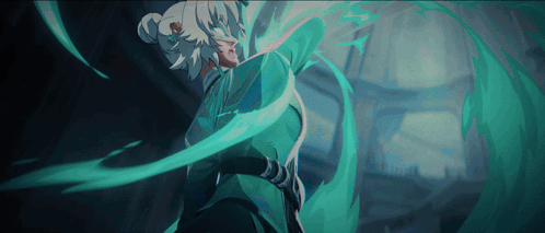 A Drawing Of A Person With A Bun On Their Head Holding A Green Sword GIF