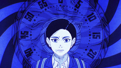 A Drawing Of A Person With A Clock Around Their Head That Shows The Time As 10:10 GIF