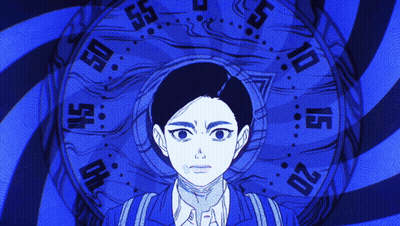 A Drawing Of A Person With A Clock In The Background That Shows The Time As 10:10 GIF