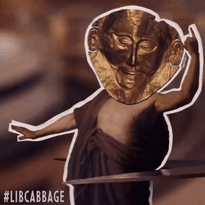 A Drawing Of A Person With A Gold Mask On Their Head And The Hashtag Libcabbage GIF