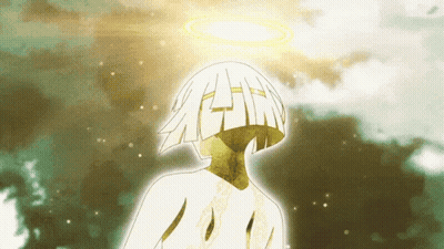 A Drawing Of A Person With A Halo Around Their Head That Says ' Again ' GIF