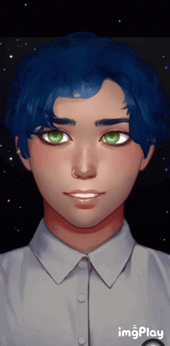 A Drawing Of A Person With Blue Hair And Green Eyes With The Words Imgplay Below It GIF