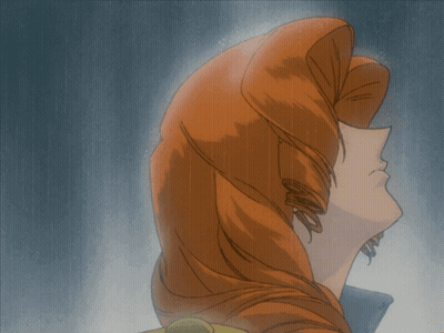 A Drawing Of A Person With Red Hair Looking Up GIF