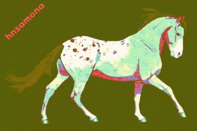A Drawing Of A Pink And White Spotted Horse With A Green Mane GIF