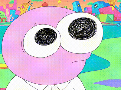 A Drawing Of A Pink Cartoon Character With Big Eyes And A White Shirt GIF
